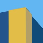 Minimalist architectural composition with vibrant yellow and blue against clear sky.