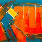 Colorful abstract acrylic artwork with bold geometric shapes on canvas.